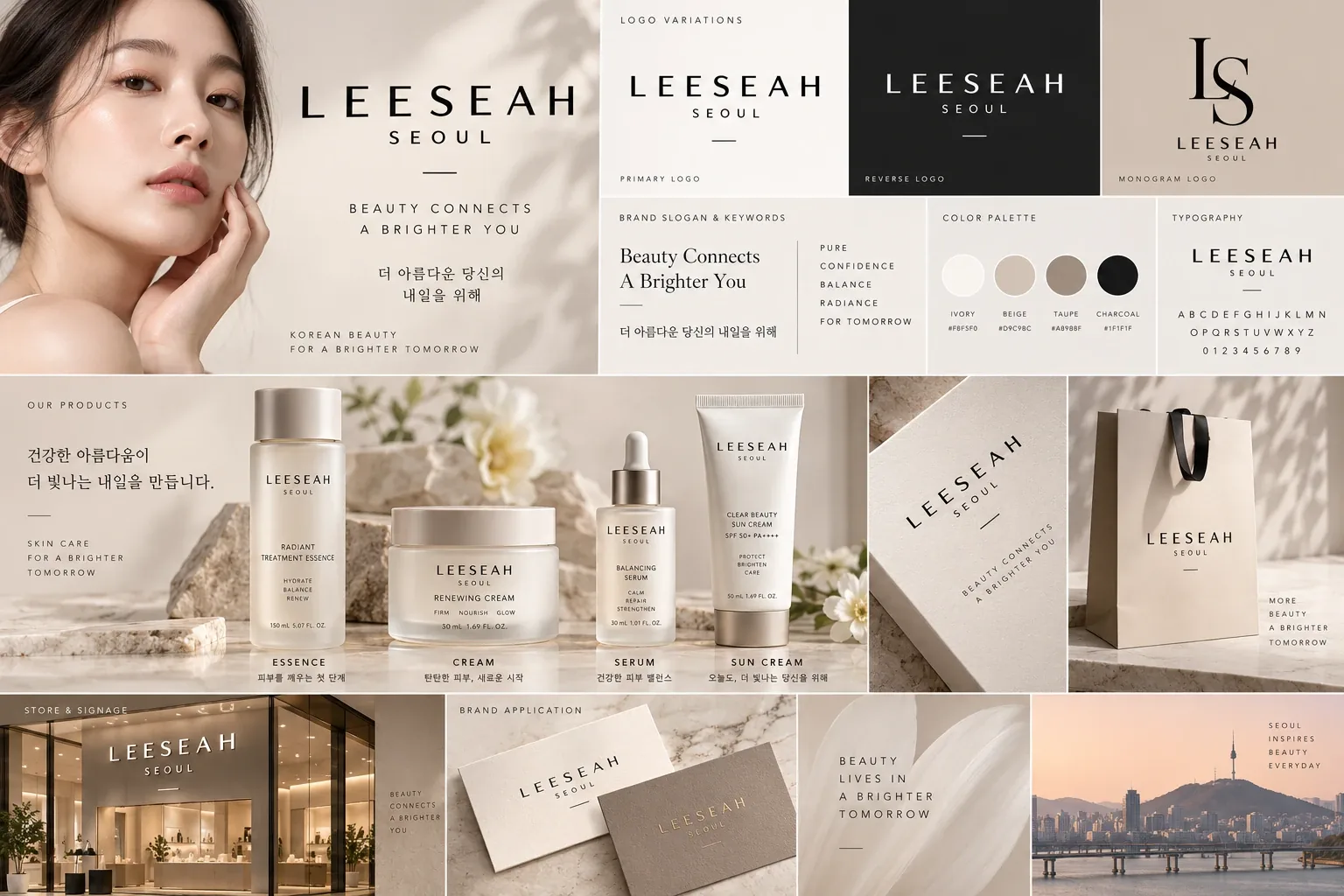 Planche de marque beauté avec le logo LEESEAH SEOUL, les couleurs, les emballages essence, crème, sérum et crème solaire, et un concept de boutique