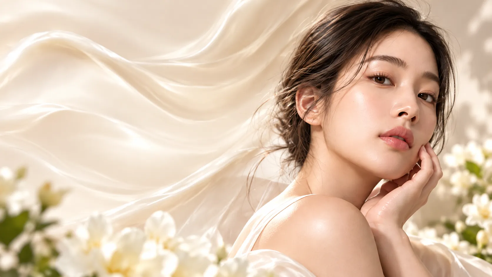 흰 꽃과 아이보리 실크를 배경으로 한 LEESEAH 뷰티 모델