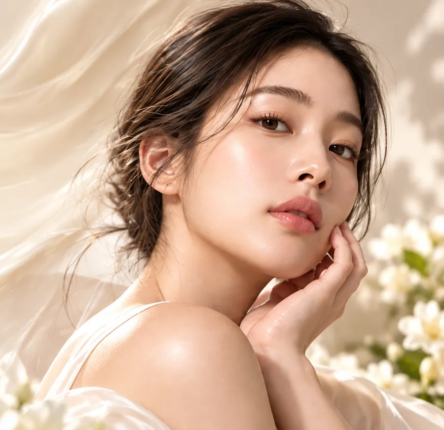 아이보리 배경의 LEESEAH 뷰티 모델