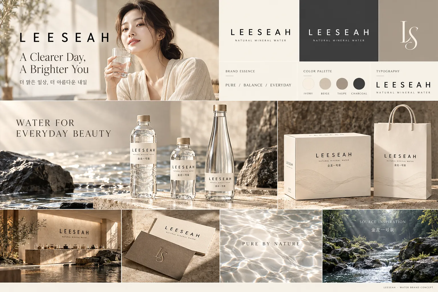 아이보리·베이지·토프·차콜 색과 LEESEAH 로고, 패키지를 담은 브랜드 콘셉트 보드