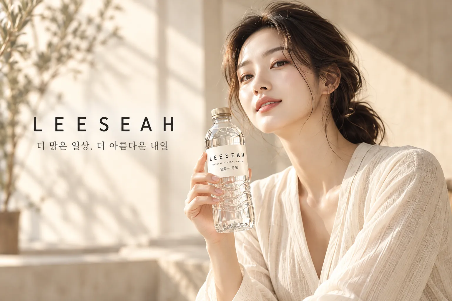 LEESEAH 생수병을 든 모델. 더 맑은 일상, 더 아름다운 내일.